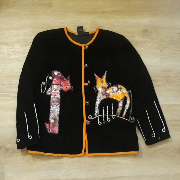 Vintage DK Daniel K Black + Orange Cat Creations Black Embellished Cardigan - Picture 2 of 14
